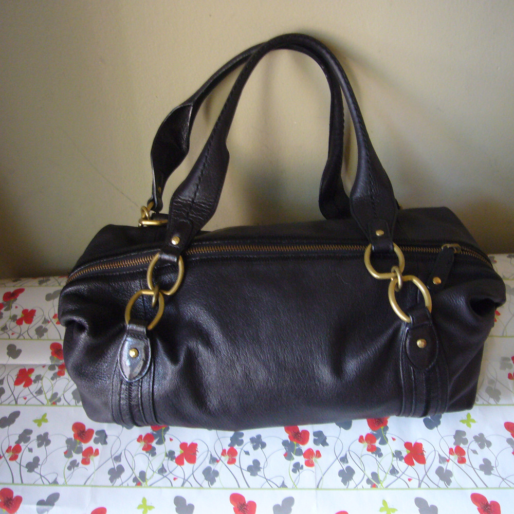 Sigrid Olsen Black Pebbled Leather East West Rectangle Satchel Medium Brass